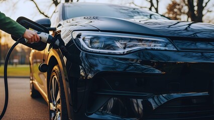 Fototapeta premium A hand in a green jacket plugs a charger into a modern black electric car, a concept for sustainable mobility and eco-technology at sunset.