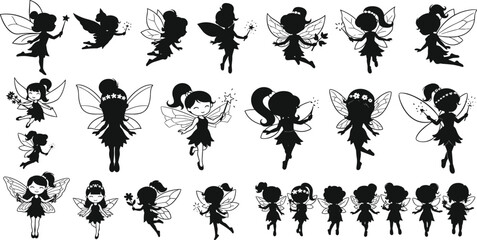 Fairy silhouette vector set, magical poses, flying and standing fairies, whimsical wings, fantasy icons, isolated on white background, enchanted design