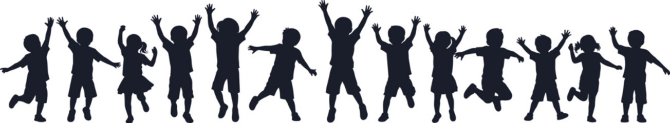Children silhouette vector set, jumping kids, raised hands, playful poses, black icons, joyful movement, isolated on white background, celebration concept
