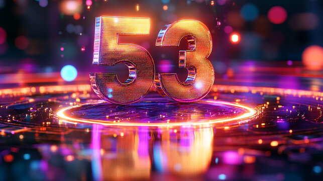 Vibrant 3D Number 53 with Futuristic Neon Glow on Digital Circuitry. Futuristic digital number 53 with neon lights, suitable for technology, countdowns, or digital interfaces.