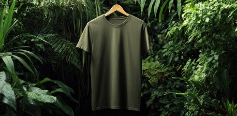 Olive t-shirt on a hanger, surrounded by green leafy foliage