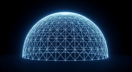 Abstract glowing blue wireframe dome, symbol of global data and technology.