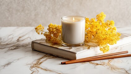 Lit candle with yellow flowers rests on a book, soft focus scene