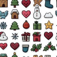 Fototapeta premium Snowman, Hearts, Gifts, Trees, and Holly Sprigs on White Background.