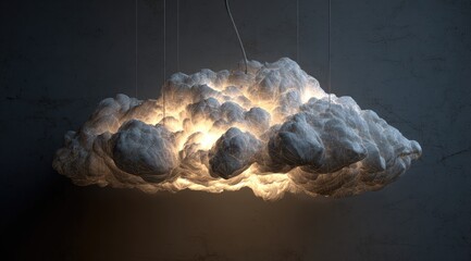 Illuminated cloud lamp suspended, against dark wall