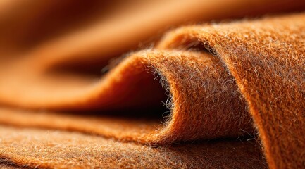 Folded, warm, textured, orange fabric in macro