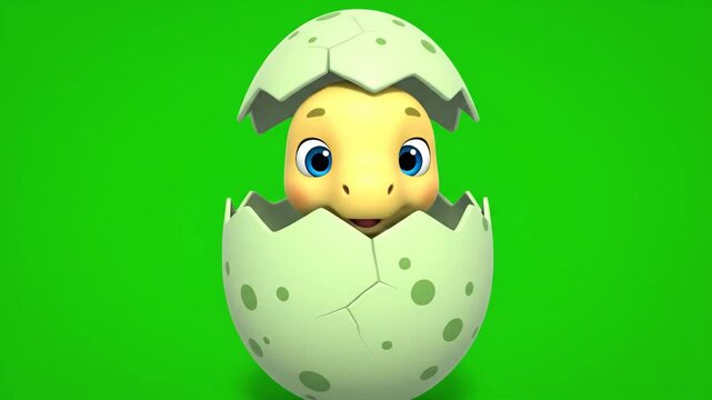 Cute Baby Dinosaur Hatching from Egg on Green Background.