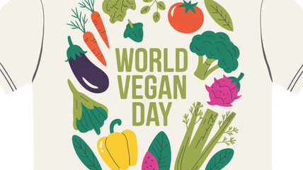A flat, minimalist illustration of a World Vegan Day design on a white t-shirt background. 