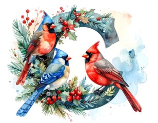 A watercolor illustration features three songbirds perched on a festive holiday wreath of greenery and berries. Soft, painted texture