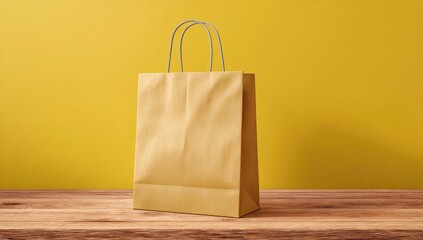 Tan paper bag with rope handles on wood surface, gold background