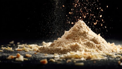 Powdered heap with falling dust, against dark backdrop