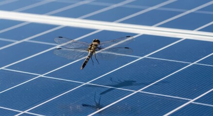 Close-up of a dragonfly resting on a blue solar panel