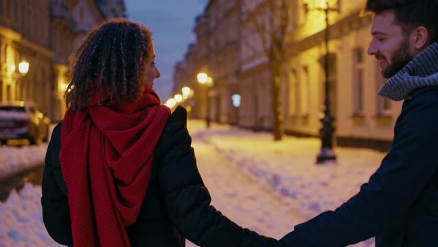 Couple walking hand in hand under glowing streetlights, snow softly falling, red scarf blowing in the wind.