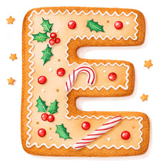 Gingerbread cookie letter E with ornate decoration for Christmas baking and holiday decor