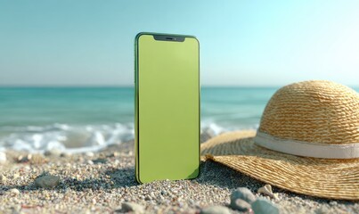 Green phone screen by beach with sun hat, pebbles, ocean view