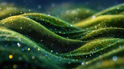 Rolling green hills speckled with gold, shimmering bokeh lights overlay