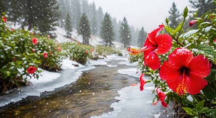 Red hibiscus flowers blooming by an icy river in a snowy forest