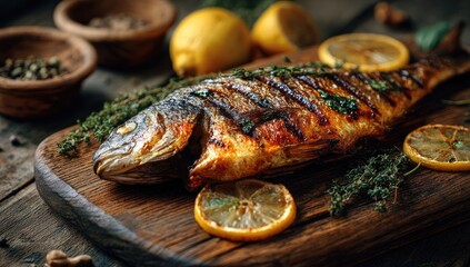 Grilled fish with lemons, thyme, served on a wooden board