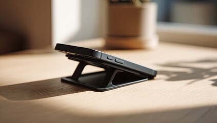 Phone resting on small black stand, desktop setting