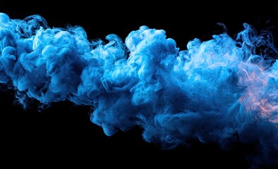 Thick blue smoke plume, wispy edges, against black
