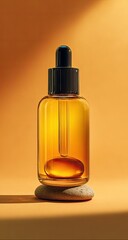 Golden oil in glass dropper bottle atop stones, warm background