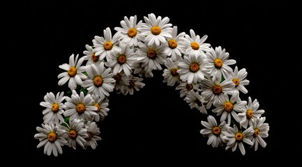 Daisy archway. White blooms form curved shape on black backdrop
