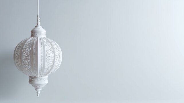 Modern white arabic lantern with minimalist design on white background for ramadan kareem celebration and festive décor concept