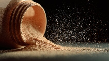 Jar spills pink powder, creating dusty cloud on dark surface