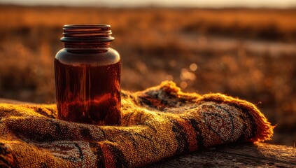 Brown jar on patterned cloth with golden field sunset background