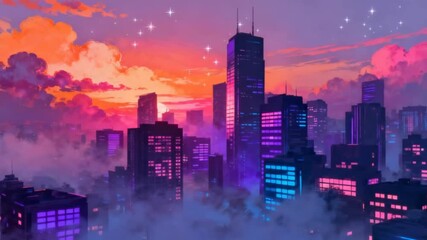 A lofi synthwave cityscape at sunset with neon lights and rolling fog - Powered by Adobe