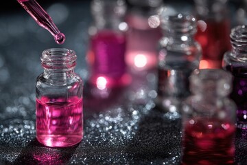 Small vial filled with pink liquid and dropper, laboratory background