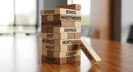 Financial jenga tower symbolizing economic instability and risk