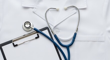 Close up of a stethoscope and clipboard on a white medical uniform