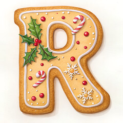 Gingerbread cookie letter R with ornate decoration for Christmas baking and holiday decor