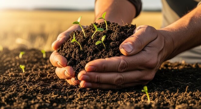 Farmer's hands holding rich soil with small green seedlings