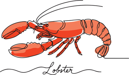 Minimalist continuous line art of a lobster with red accents and elegant cursive text. Perfect for seafood branding, restaurant menus, packaging, and coastal-themed designs.