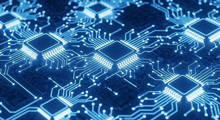 Abstract blue circuit board with glowing microchips and connections