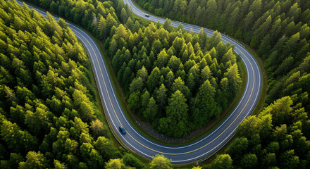 Aerial view of a winding road surrounded by dense green forests, showcasing natural beauty and serene landscapes.