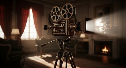 Vintage movie projector illuminating a cozy room with fireplace
