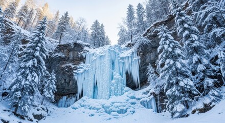 Beautiful frozen waterfall covered in snow and icicles in a winter forest