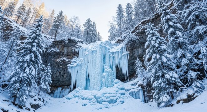 Beautiful frozen waterfall covered in snow and icicles in a winter forest