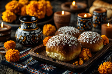 Spanish Mexican traditional holiday, autumn festival Day of the Dead (dia de los muertos) background. With traditional Pan de Muerto bread, decorations and marigold and cempasuchil flowers
