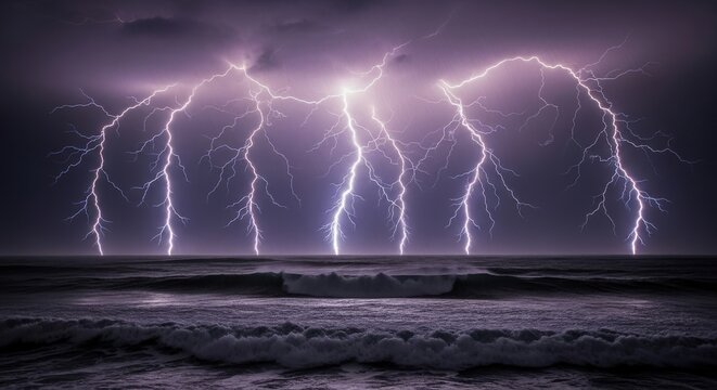Multiple lightning bolts striking the ocean during a dramatic storm - Powered by Adobe