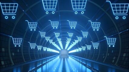 Floating Holographic Shopping Cart Icons Cascading Inside a Digital Tunnel of Blue Light, Symbolizing E‑Commerce Innovation, Futuristic Online Retail, and the Dynamic Flow of Digital Technology