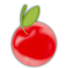 Bright red apple icon with glossy highlights and green leaves on a black background, suitable for stickers, apps, labels, and playful designs.