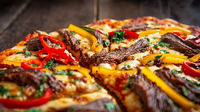Pizza Flatbread: Angled close-up with meat chunks and yellow/red bell peppers