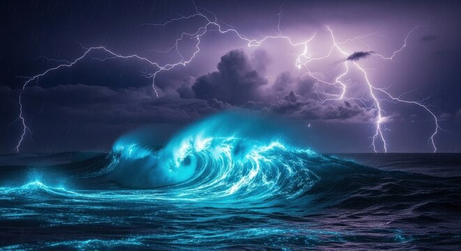 Glowing blue wave in the ocean during a lightning storm