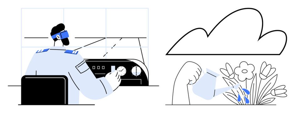 Person operating control panel with headset hand holds watering can nurturing flowers. Ideal for teamwork, technology, growth, sustainability, care, innovation, aspirations simple flat metaphor
