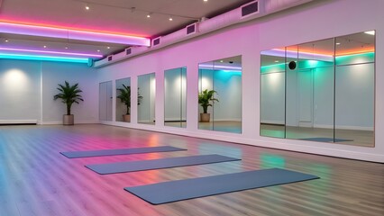 Modern Yoga Studio With Mirrored Wall Reflecting Vibrant Neon “Wellness Week Sale” Signage, Creating a Calm Yet Energetic Atmosphere Combining Fitness, Mindfulness, and Contemporary Design