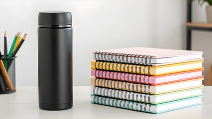 Inspirational Workspace With a Stack of Notebooks Labeled Goal‑Setting Beside a Sleek Black Thermos on a Neat Desk, Reflecting Productivity, Mindful Planning, and Modern Minimalist Style